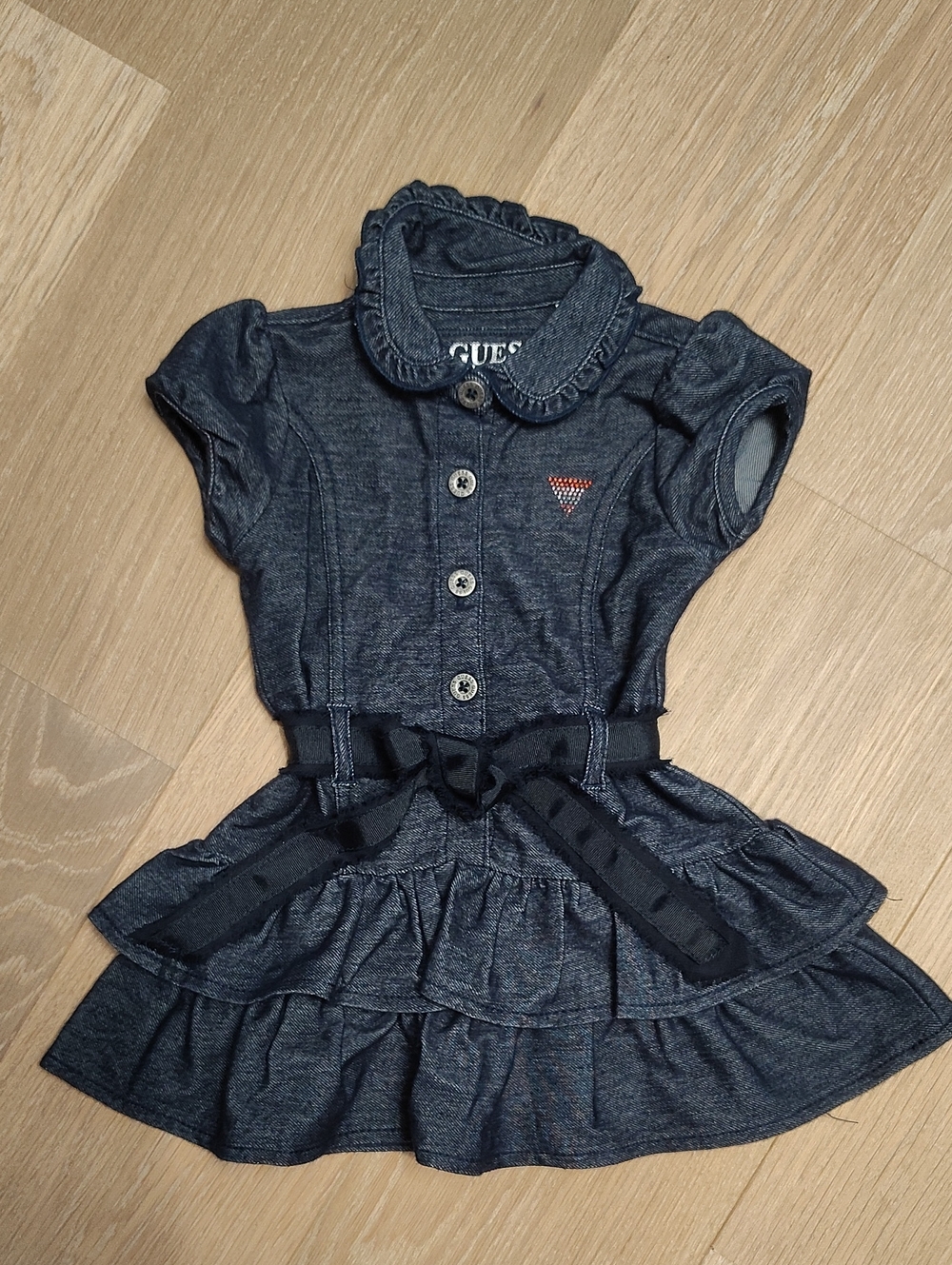 GUESS Girls Navy Denim Ruffle Dress with Waist Bow